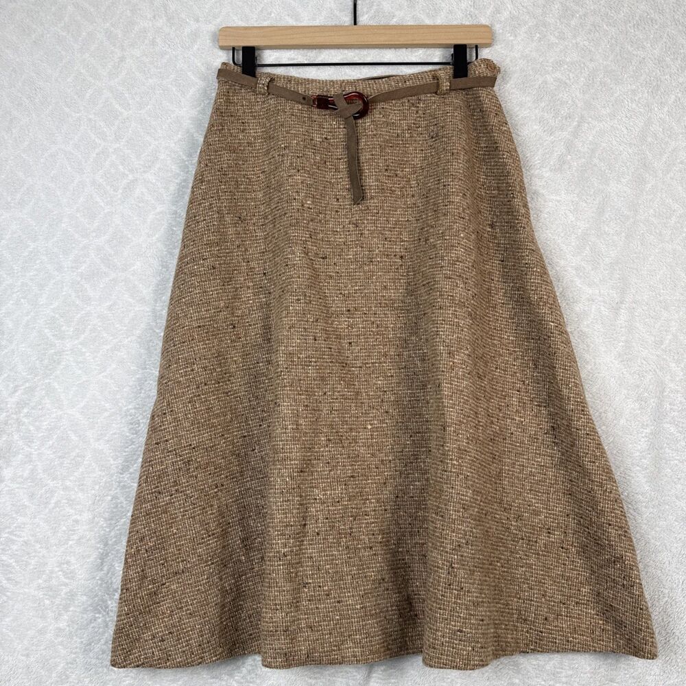 Vtg Summit Tweed Skirt 12 Brown Wool Belted Preppy Academia Retro MCM Old Money
